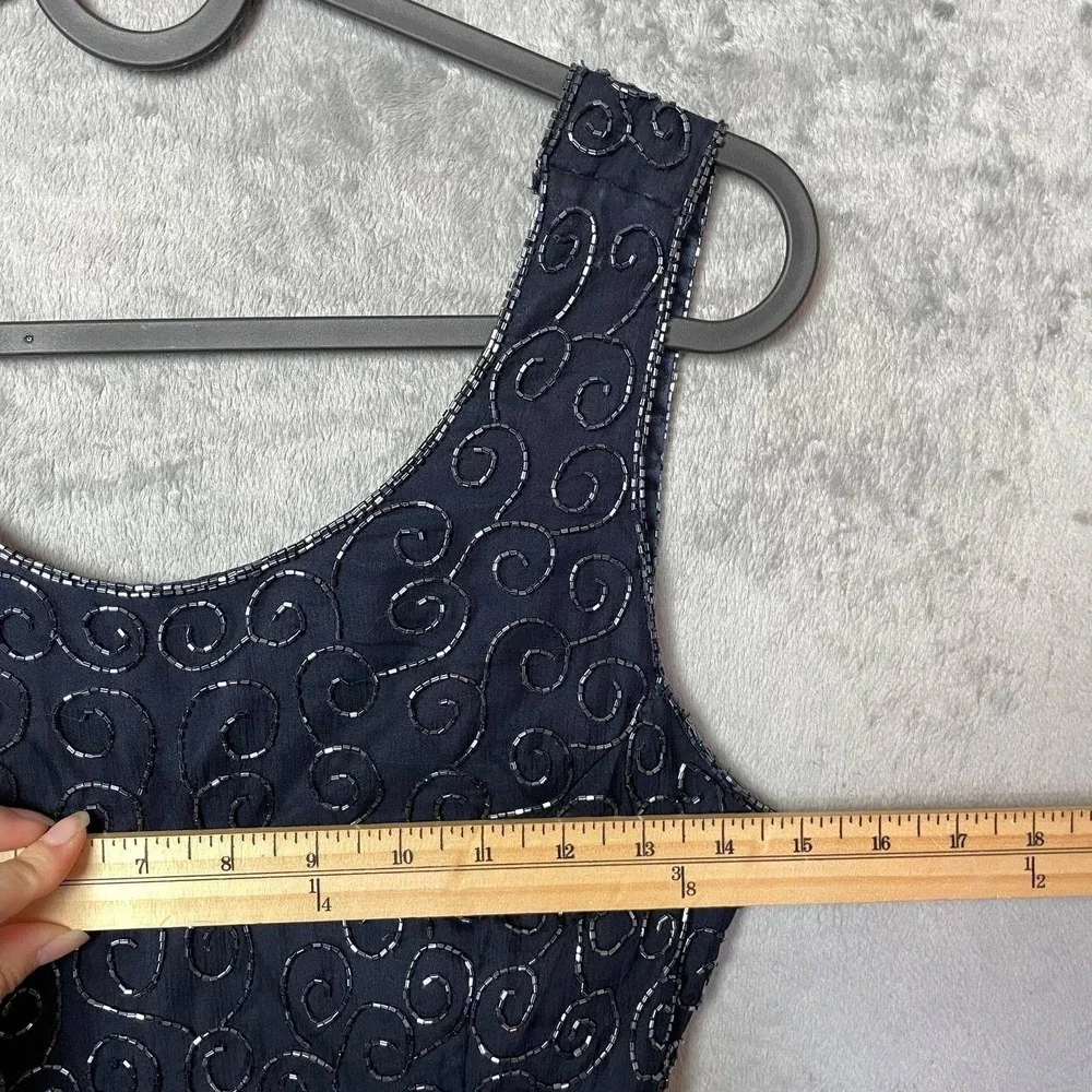 Vintage Scala Navy 100% Silk Beaded Maxi Dress Gown Open Back Cutout Slit XS